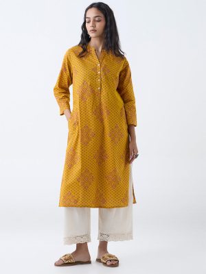 Utsa Mustard Bandhani Design Straight Cotton Kurta