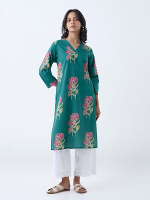 Utsa Teal Floral Pattern Straight Cotton Kurta