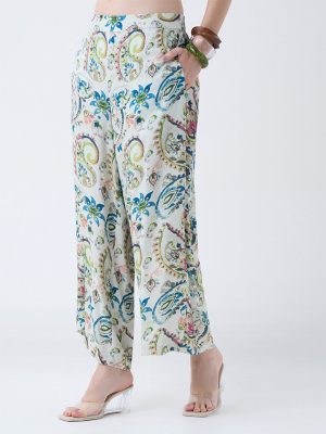 Utsa Green Paisley Detailed Pants