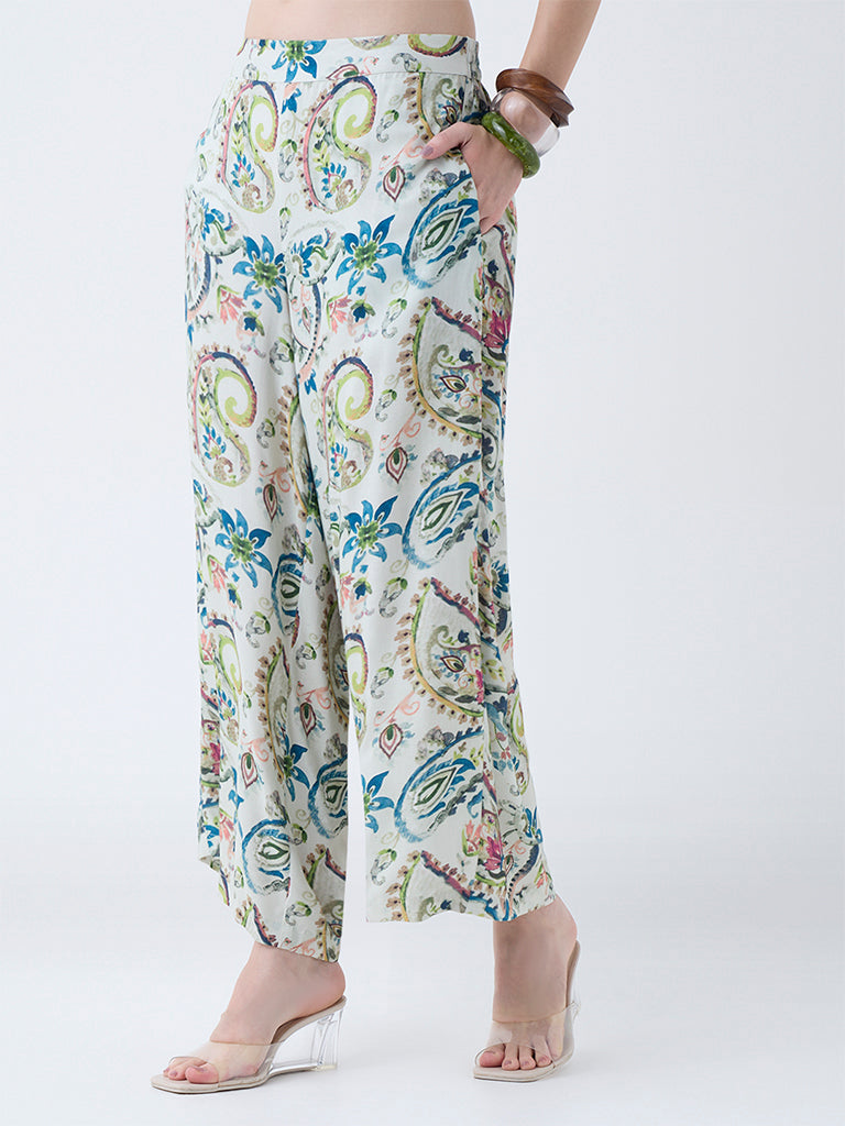 Utsa Green Paisley Detailed Pants