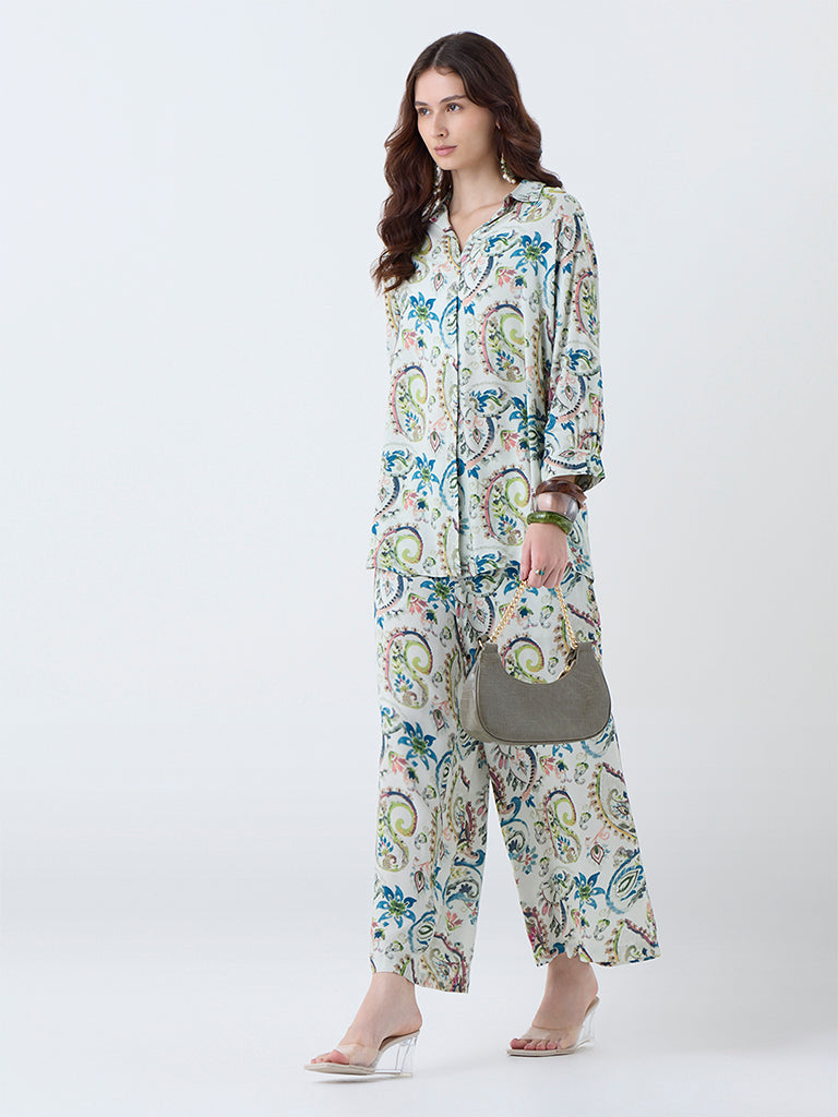 Utsa Green Paisley Detailed Pants - Image 2