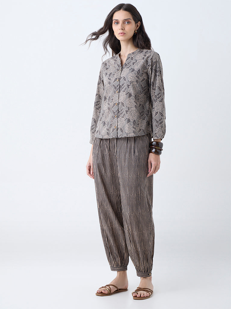 Utsa Charcoal Striped Cotton Harem Pants - Image 2