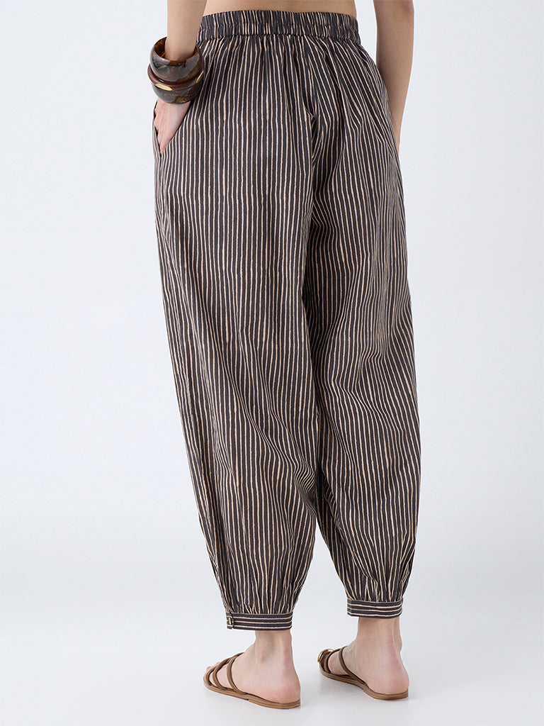 Utsa Charcoal Striped Cotton Harem Pants - Image 4
