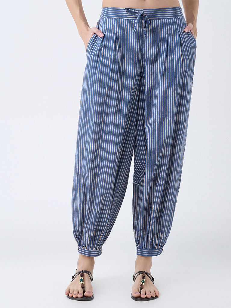 Utsa Indigo Striped Cotton Harem Pants