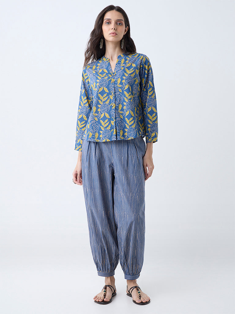 Utsa Indigo Striped Cotton Harem Pants - Image 2