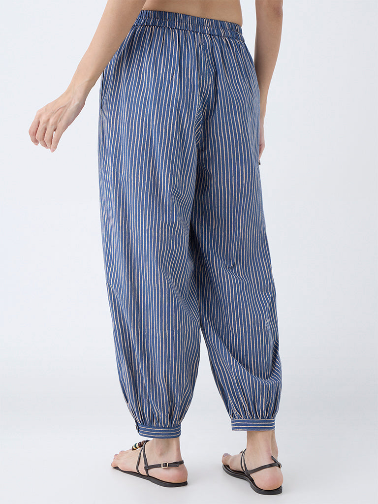 Utsa Indigo Striped Cotton Harem Pants - Image 4