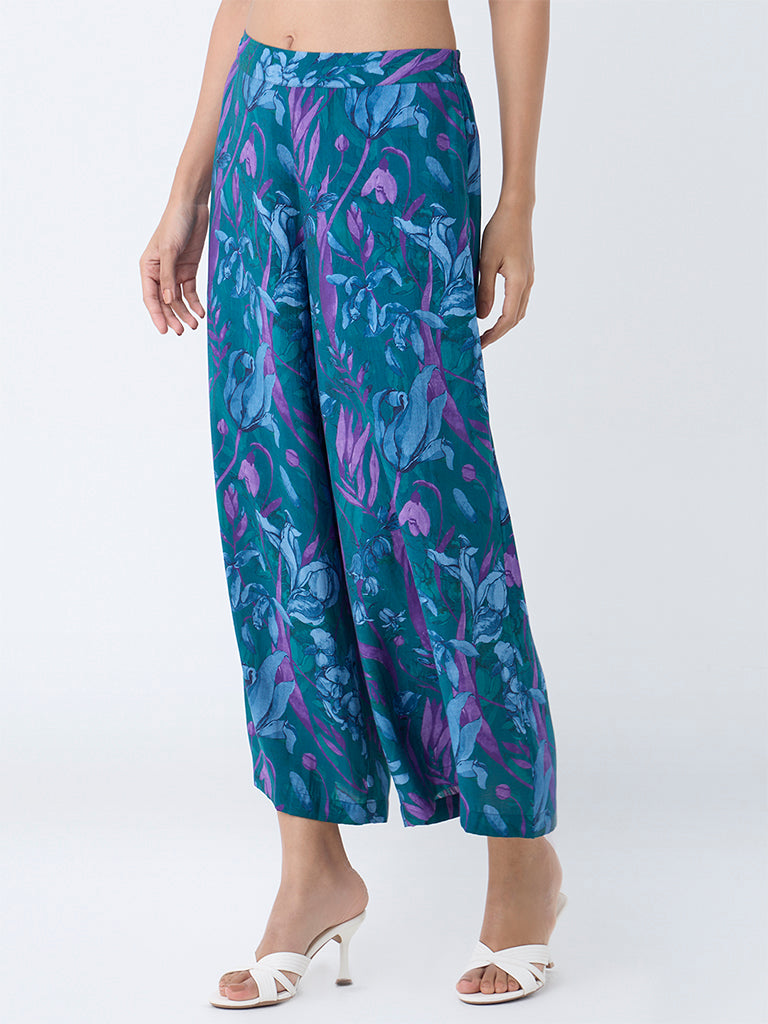 Utsa Dark Teal Floral Design Pants