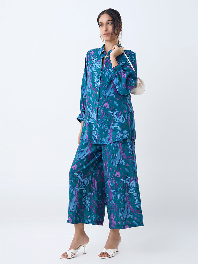 Utsa Dark Teal Floral Design Pants - Image 2