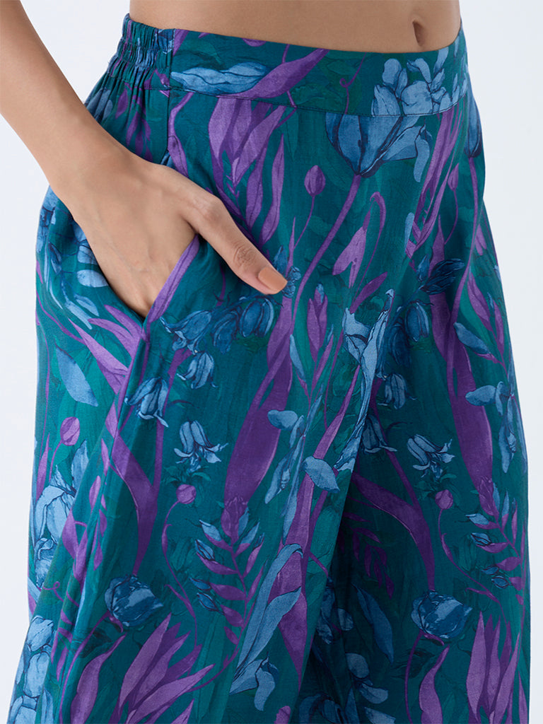 Utsa Dark Teal Floral Design Pants - Image 3