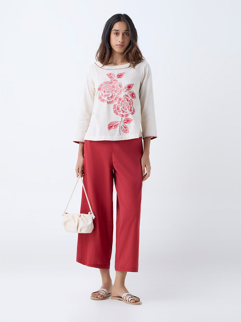Utsa Red Solid Cotton Pants - Image 2