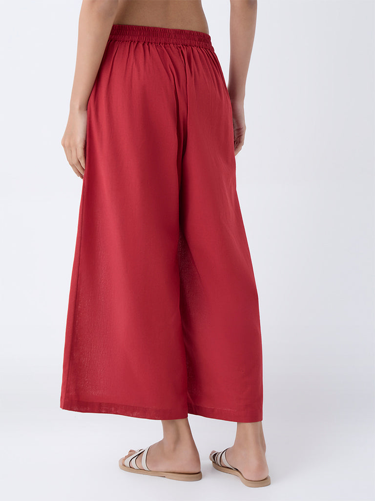 Utsa Red Solid Cotton Pants - Image 4