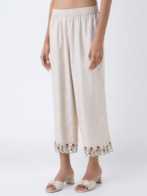 Zuba Beige Floral Embroidered Cotton-Blend Ethnic Pants