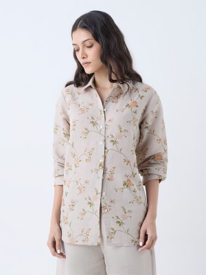 Zuba Taupe Floral Design Linen-Blend Ethnic Tunic