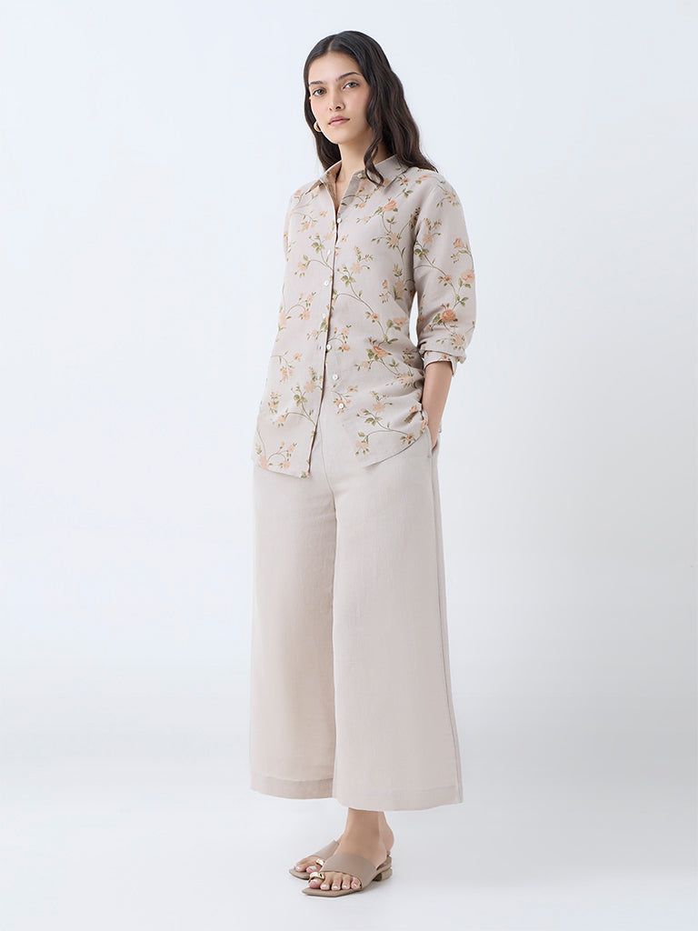 Zuba Taupe Floral Design Linen-Blend Ethnic Tunic - Image 2