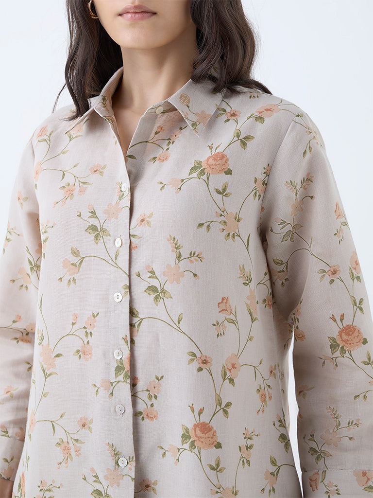 Zuba Taupe Floral Design Linen-Blend Ethnic Tunic - Image 3