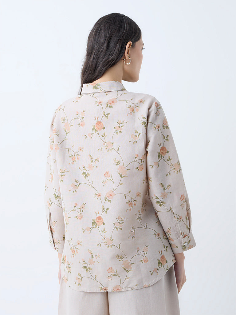 Zuba Taupe Floral Design Linen-Blend Ethnic Tunic - Image 4