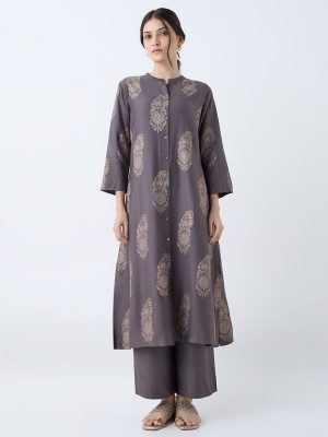 Zuba Charcoal Botanical Design A-Line Kurta