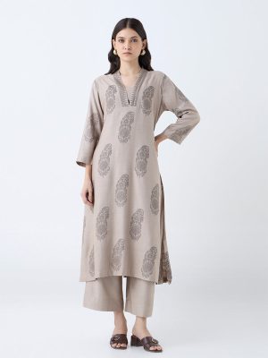 Zuba Light Brown Botanical Pattern A-Line Kurta