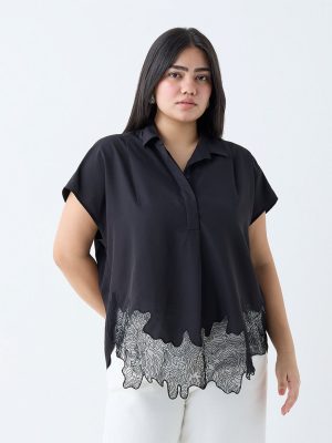 Gia Black Lace Detailed Cotton Blouse