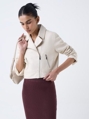 Nuon Cream Solid Faux-Leather Jacket