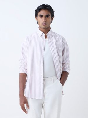 WES Casuals Pink Striped Relaxed-Fit Cotton Shirt