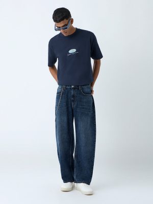 Nuon Blue Washed Barrel-Fit Mid-Rise Jeans