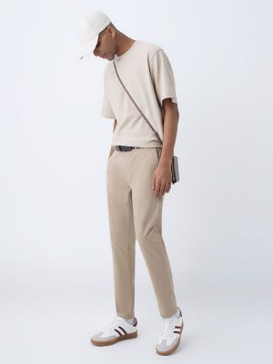 Nuon Beige Solid Relaxed-Fit Mid-Rise Cotton-Blend Chinos