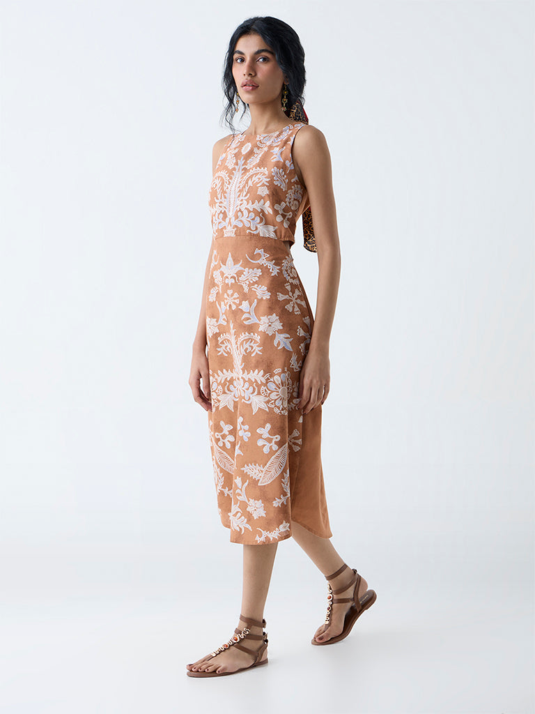 Bombay Paisley Tan Floral Design Cotton A-Line Dress - Image 2