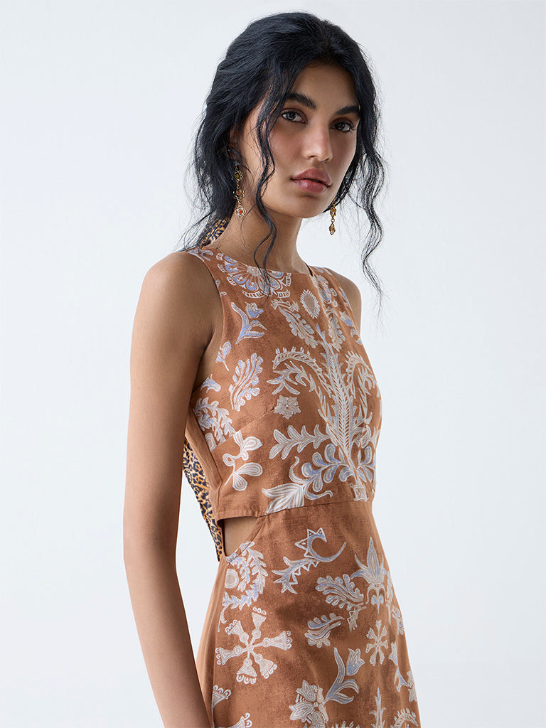 Bombay Paisley Tan Floral Design Cotton A-Line Dress - Image 3