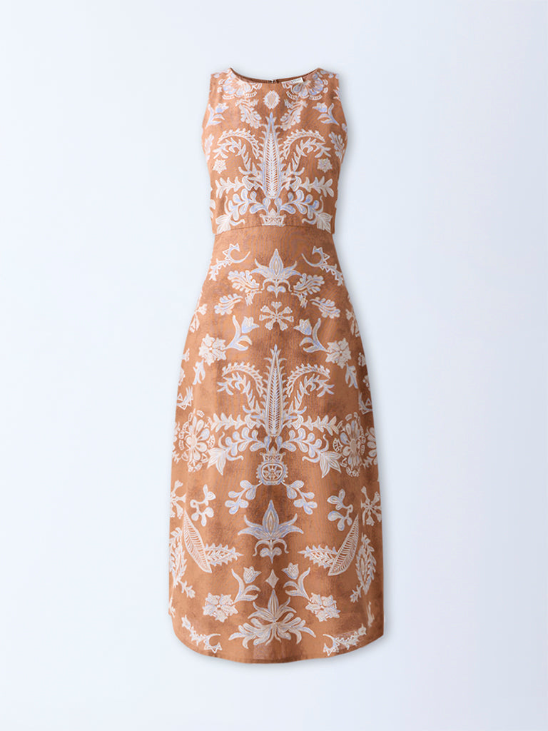 Bombay Paisley Tan Floral Design Cotton A-Line Dress - Image 5