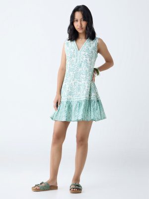 Bombay Paisley Green Floral Pattern Cotton Drop Waist Dress