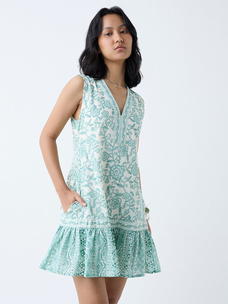 Bombay Paisley Green Floral Pattern Cotton Drop Waist Dress - Image 2
