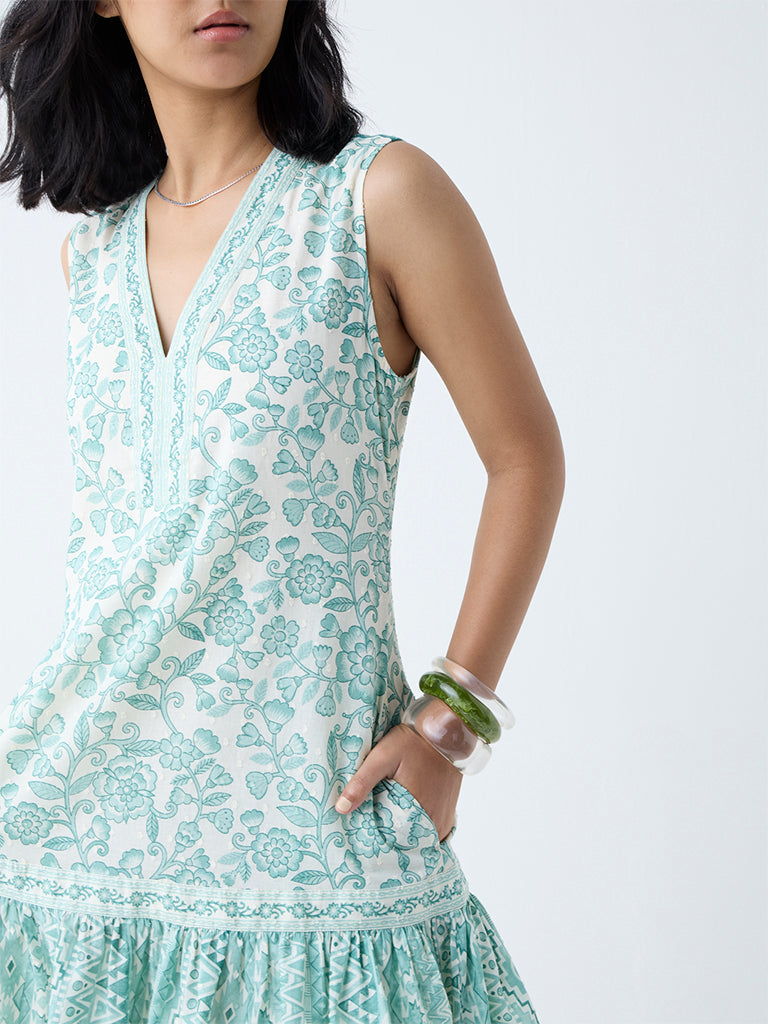 Bombay Paisley Green Floral Pattern Cotton Drop Waist Dress - Image 3