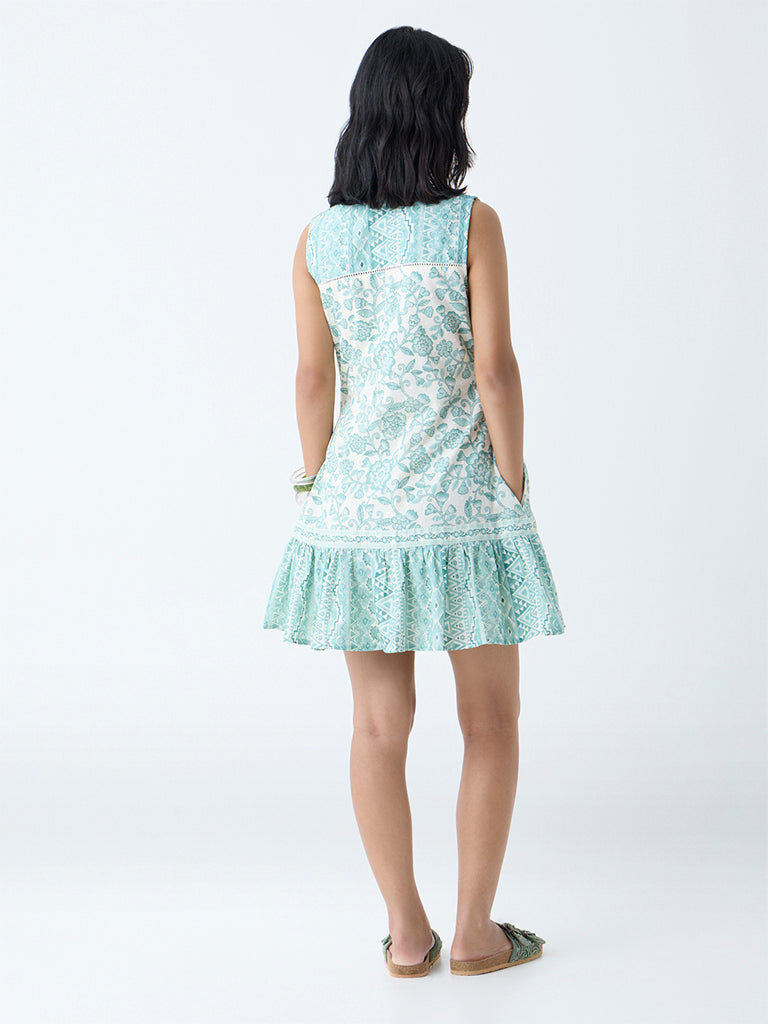 Bombay Paisley Green Floral Pattern Cotton Drop Waist Dress - Image 4