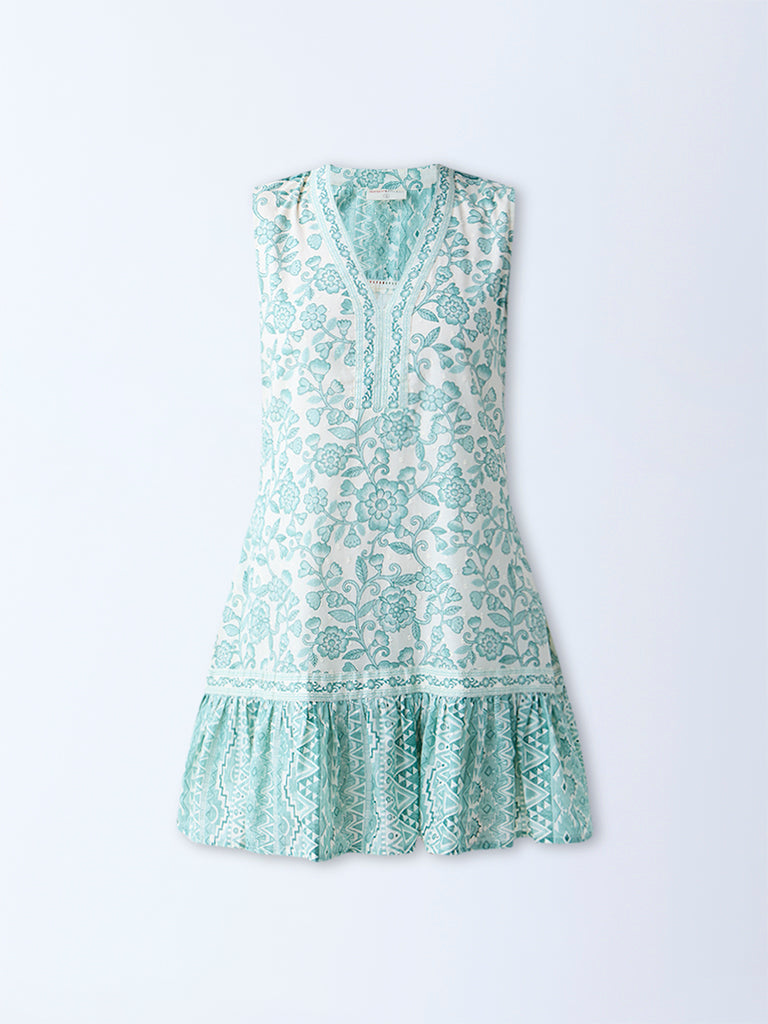 Bombay Paisley Green Floral Pattern Cotton Drop Waist Dress - Image 5