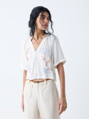Bombay Paisley Off-White Floral Embroidered Top