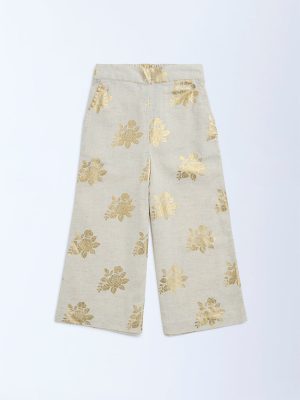 Utsa Kids Beige Floral Detailed Cotton-Blend Ethnic Pants - (2-8yrs)