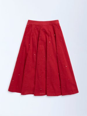 Utsa Kids Red Mirror-Work Detailed Cotton Skirt - (2-8yrs)