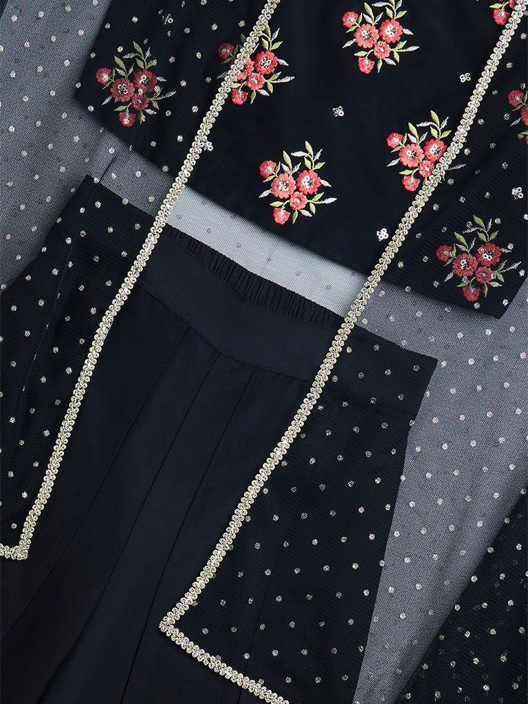 Utsa Kids Black Floral Embroidered Ethnic Set - (2-8yrs) - Image 3