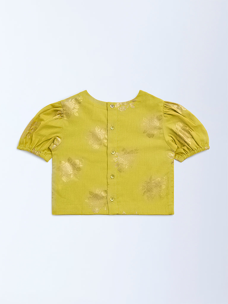 Utsa Kids Lime Floral Pattern Cotton-Blend Ethnic Top - (2-8yrs) - Image 3