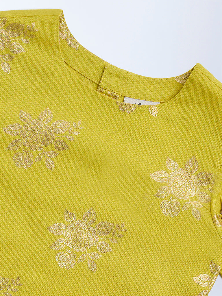 Utsa Kids Lime Floral Pattern Cotton-Blend Ethnic Top - (2-8yrs) - Image 4