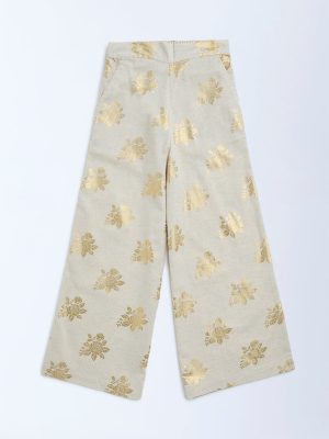 Utsa Kids Beige Floral Detailed Cotton-Blend Ethnic Pants - (8-14yrs)