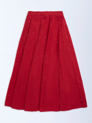 Utsa Kids Red Mirror-Work Detailed Cotton Skirt - (8-14yrs)