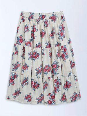 Utsa Kids Off-White Floral Tiered Cotton-Blend Skirt - (8-14yrs)