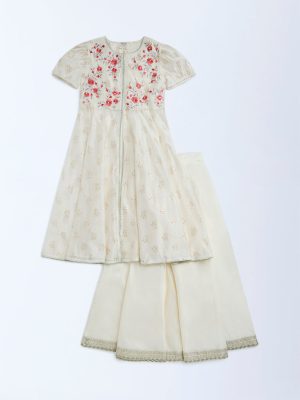 Utsa Kids Off-White Floral Embroidered Ethnic Set - (8-14yrs)