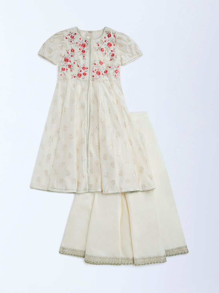 Utsa Kids Off-White Floral Embroidered Ethnic Set - (8-14yrs)