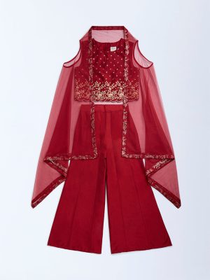 Utsa Kids Red Floral Embroidered Ethnic Set - (8-14yrs)