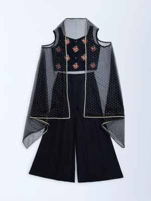 Utsa Kids Black Floral Embroidered Ethnic Set - (8-14yrs)