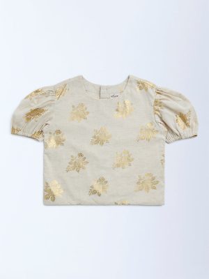 Utsa Kids Beige Floral Design Cotton-Blend Ethnic Top - (8-14yrs)