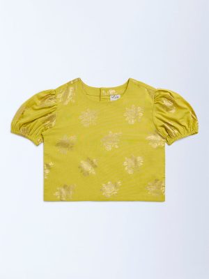 Utsa Kids Lime Floral Pattern Cotton-Blend Ethnic Top - (8-14yrs)